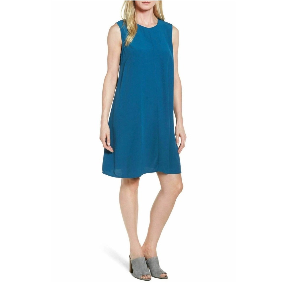 Eileen Fisher Bateau Neck Dress Women M Blue Washable Stretch Crepe F8TK-D4214M